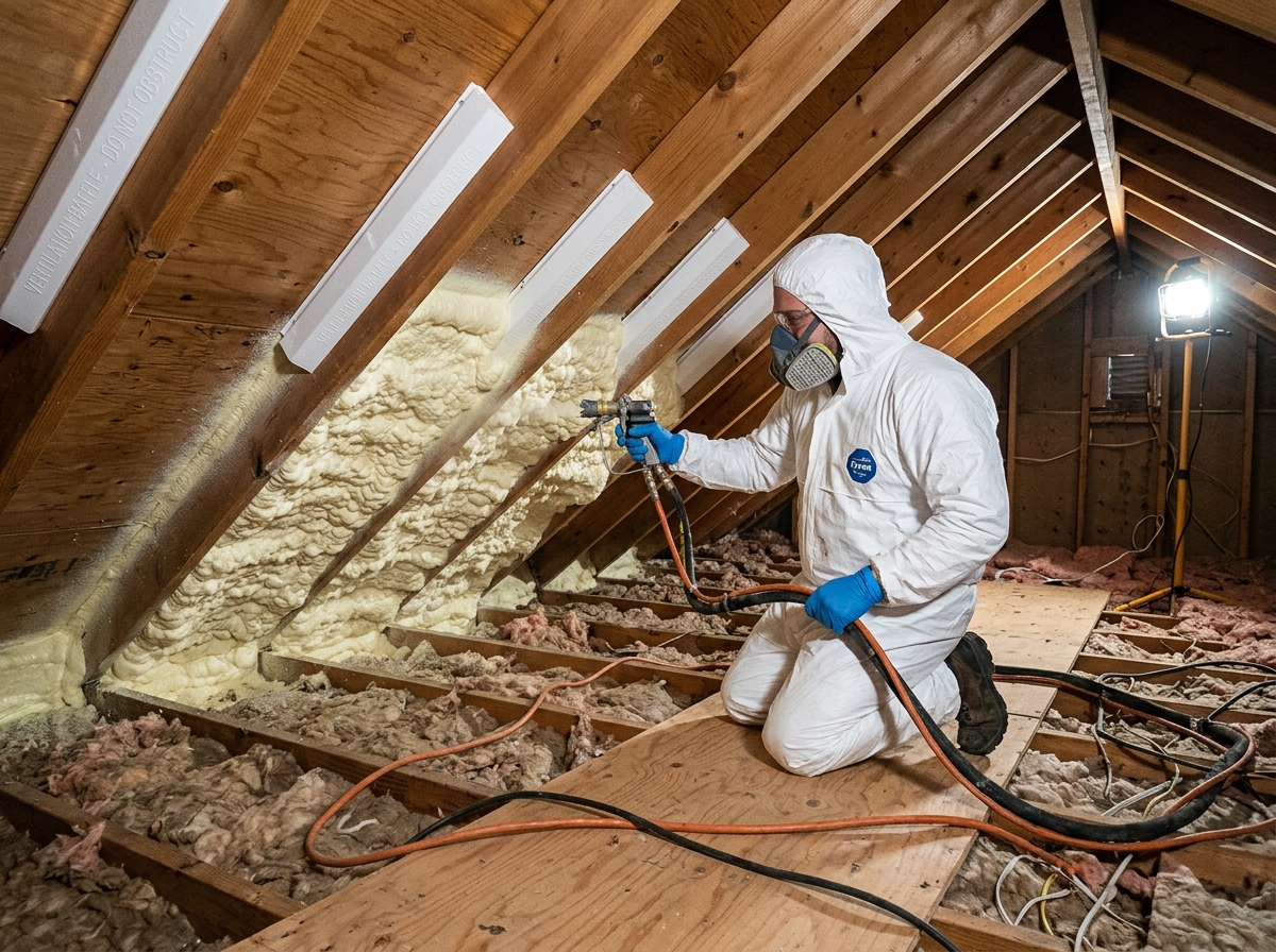 Attic spray foam insulation installation