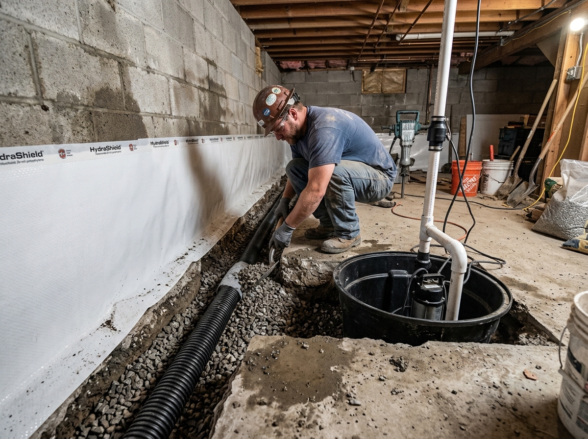 Basement waterproofing with interior drainage system