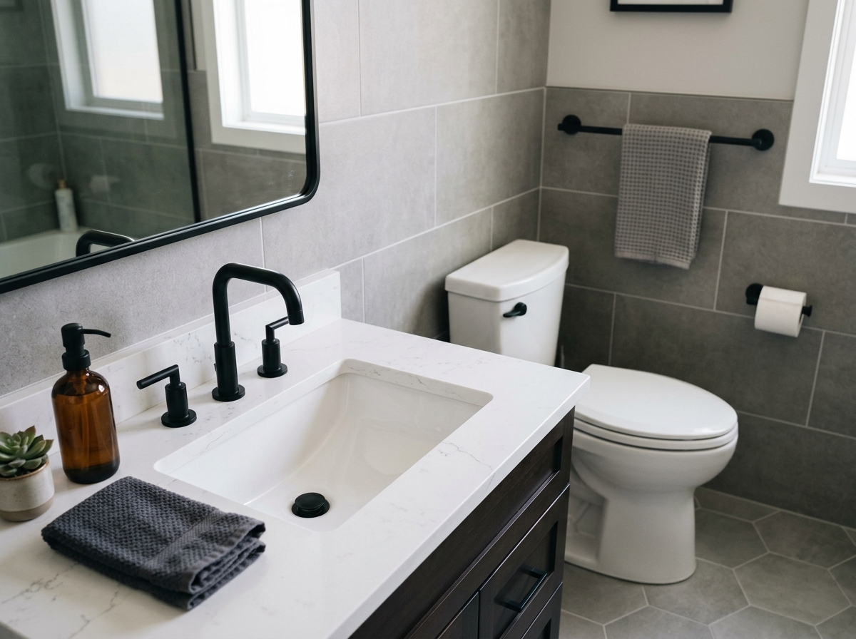 Bathroom plumbing fixtures with matte black faucet