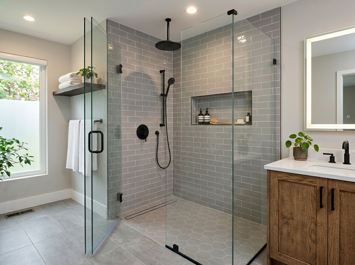 Walk-in shower with frameless glass enclosure and subway tile