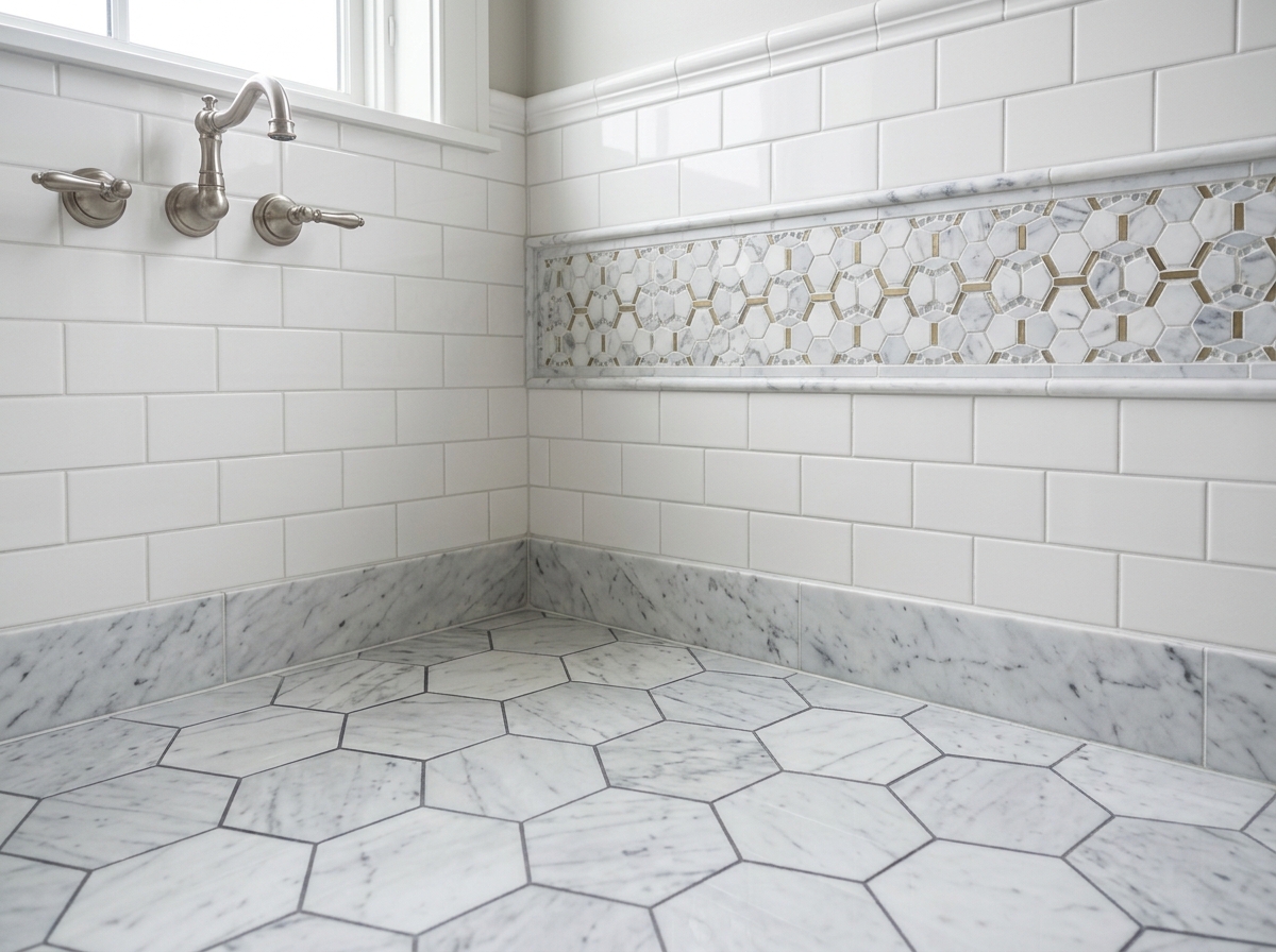 Bathroom tile work with hexagonal marble floor