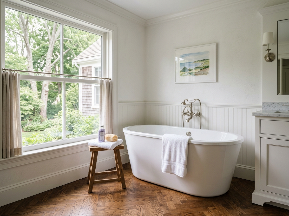 Freestanding soaking bathtub in elegant bathroom