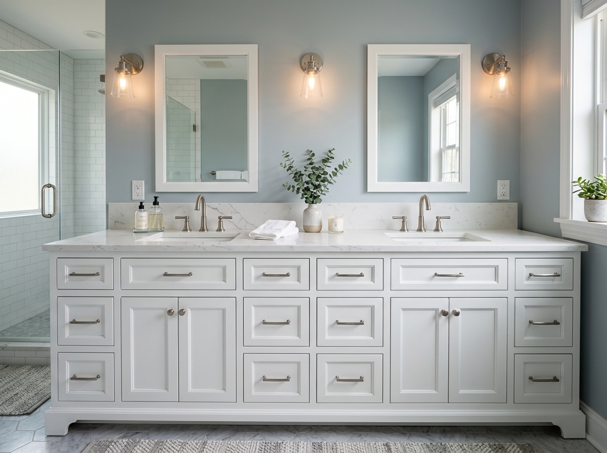 Double bathroom vanity with quartz countertop