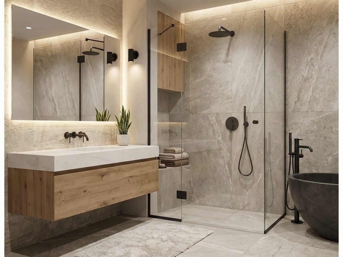 Bathroom renovation with walk-in shower and tile work