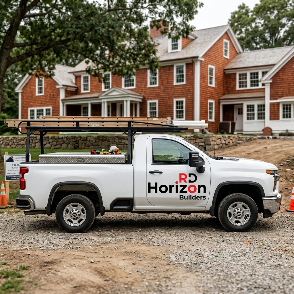 RD Horizon Builders branded pickup truck with tools