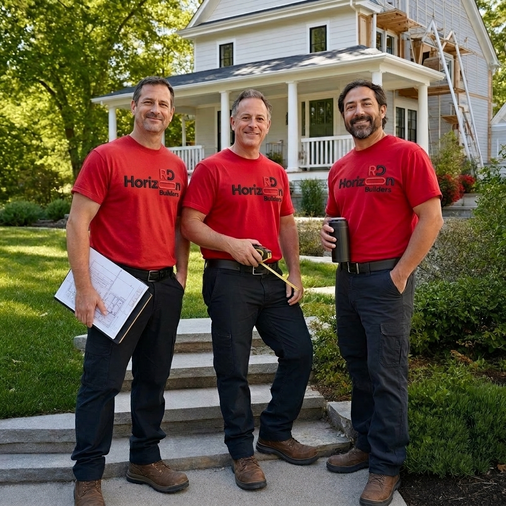 RD Horizon Builders contractors in red branded crew shirts at a Greater Boston residential job site