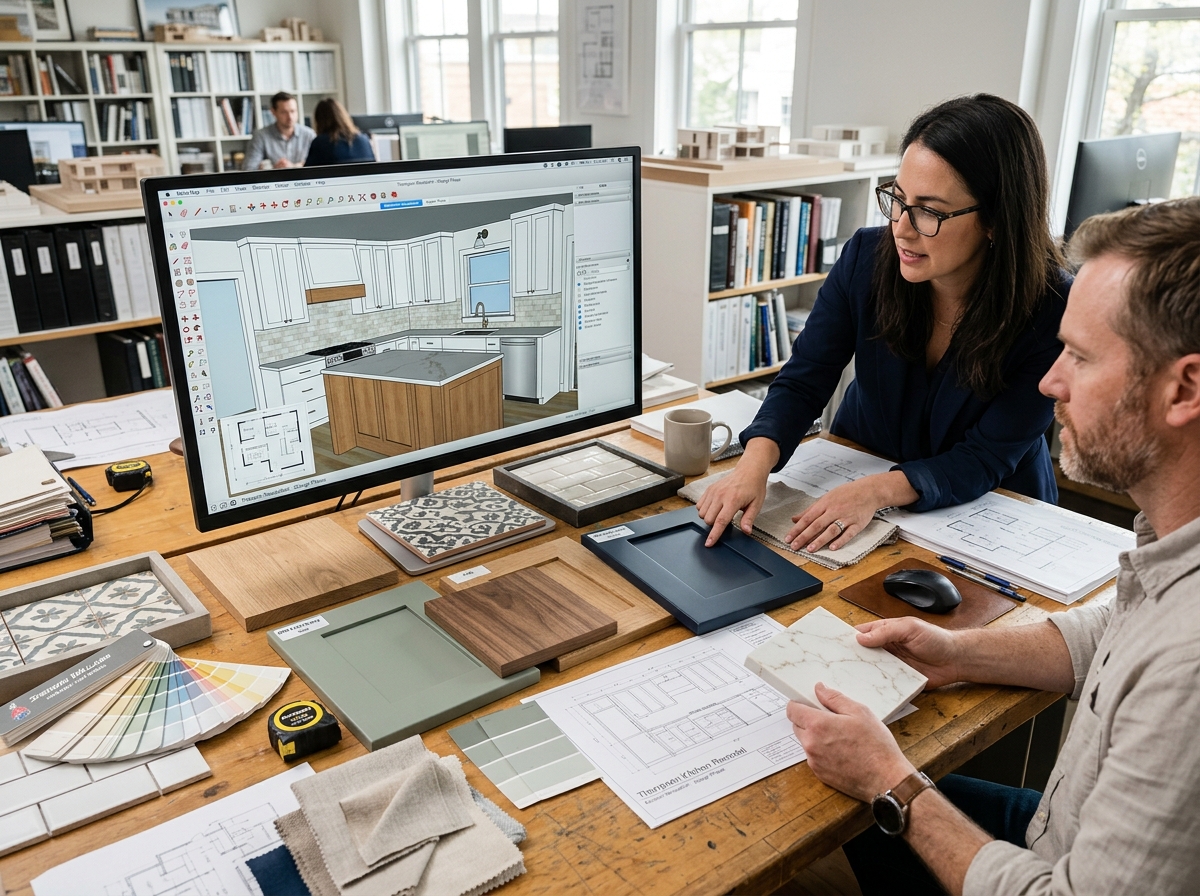 Design phase with 3D renderings and material samples