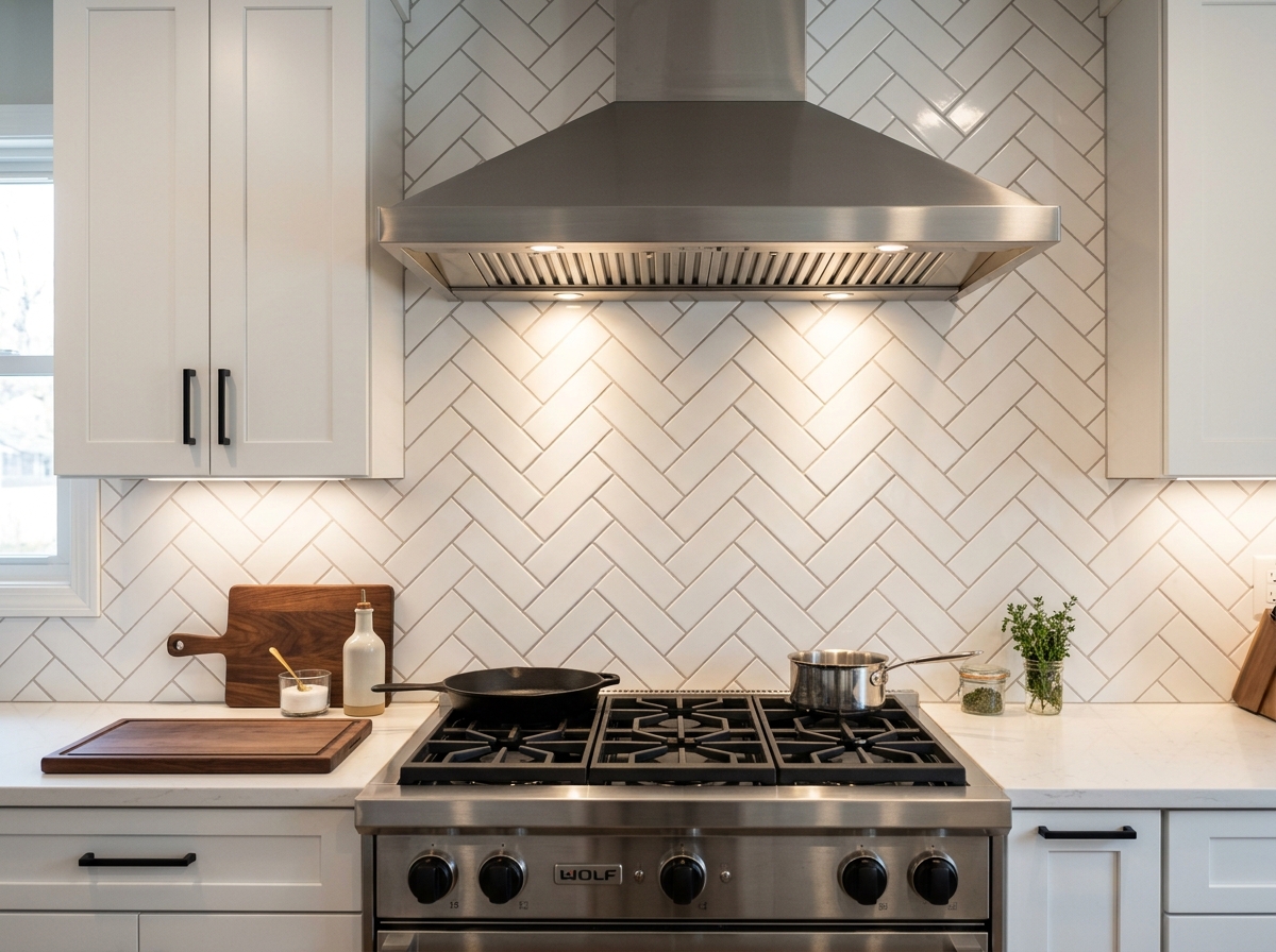 Herringbone subway tile kitchen backsplash