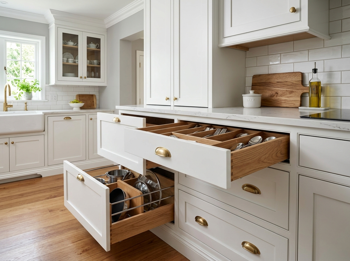 White shaker kitchen cabinetry with brass hardware