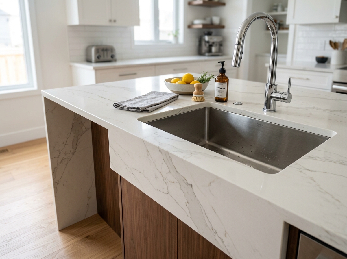 Quartz kitchen countertop with waterfall edge