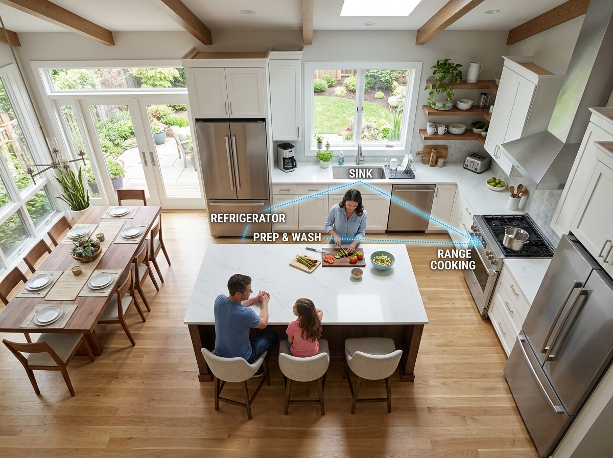 Open kitchen layout with island and work triangle