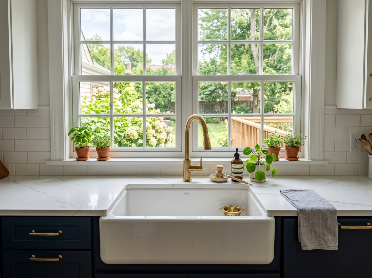 Farmhouse kitchen sink with brushed gold faucet