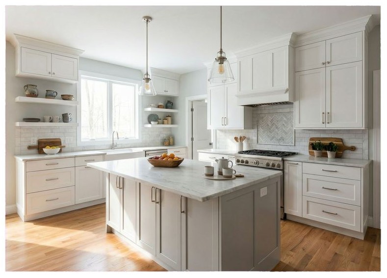 Completed kitchen remodeling project with bright white cabinetry and island