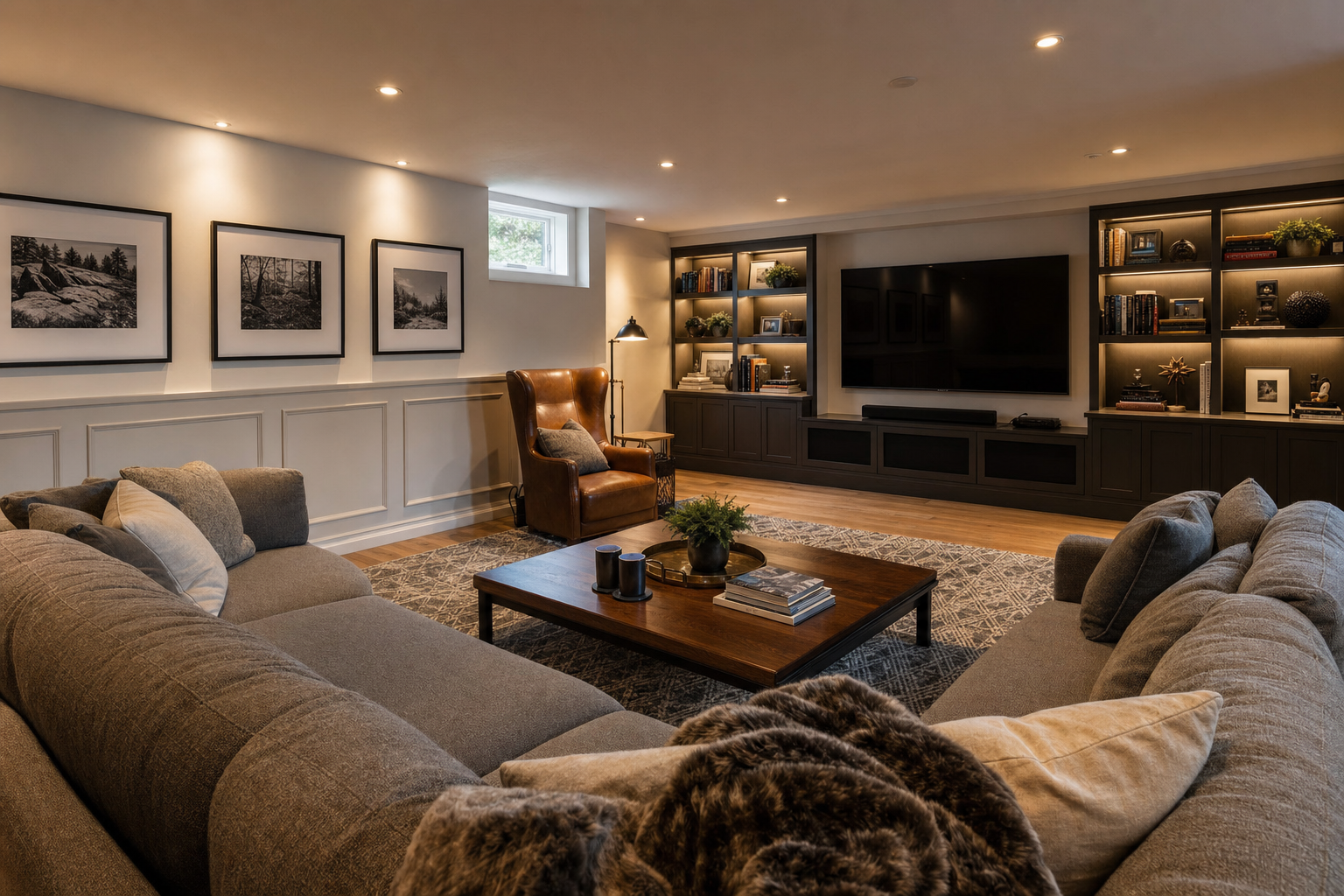 Finished basement family room with sectional sofa, mounted TV, built-in shelving and warm lighting