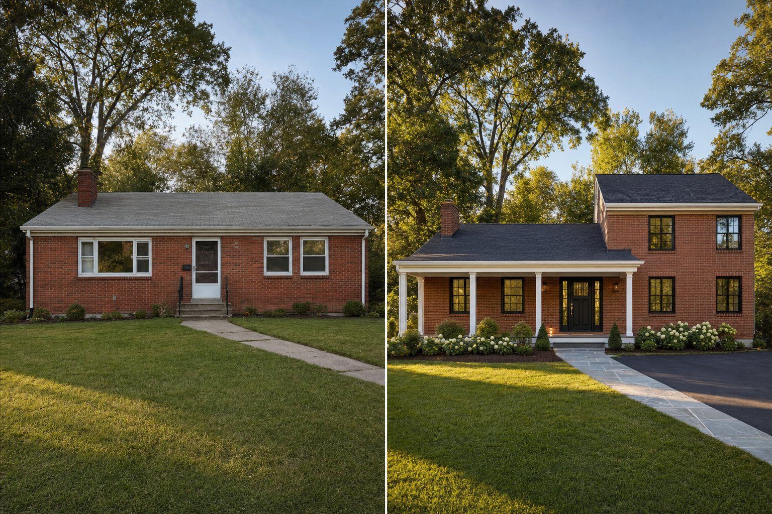 Before and after split-screen of a 1960s brick ranch with a new two-story side addition and front porch