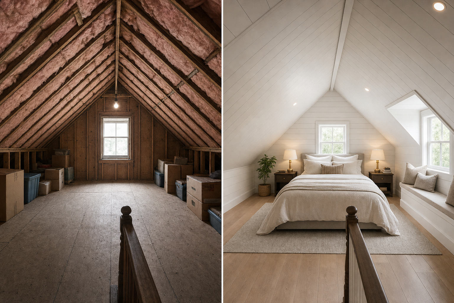 Before and after split-screen of an unfinished attic transformed into a primary bedroom suite