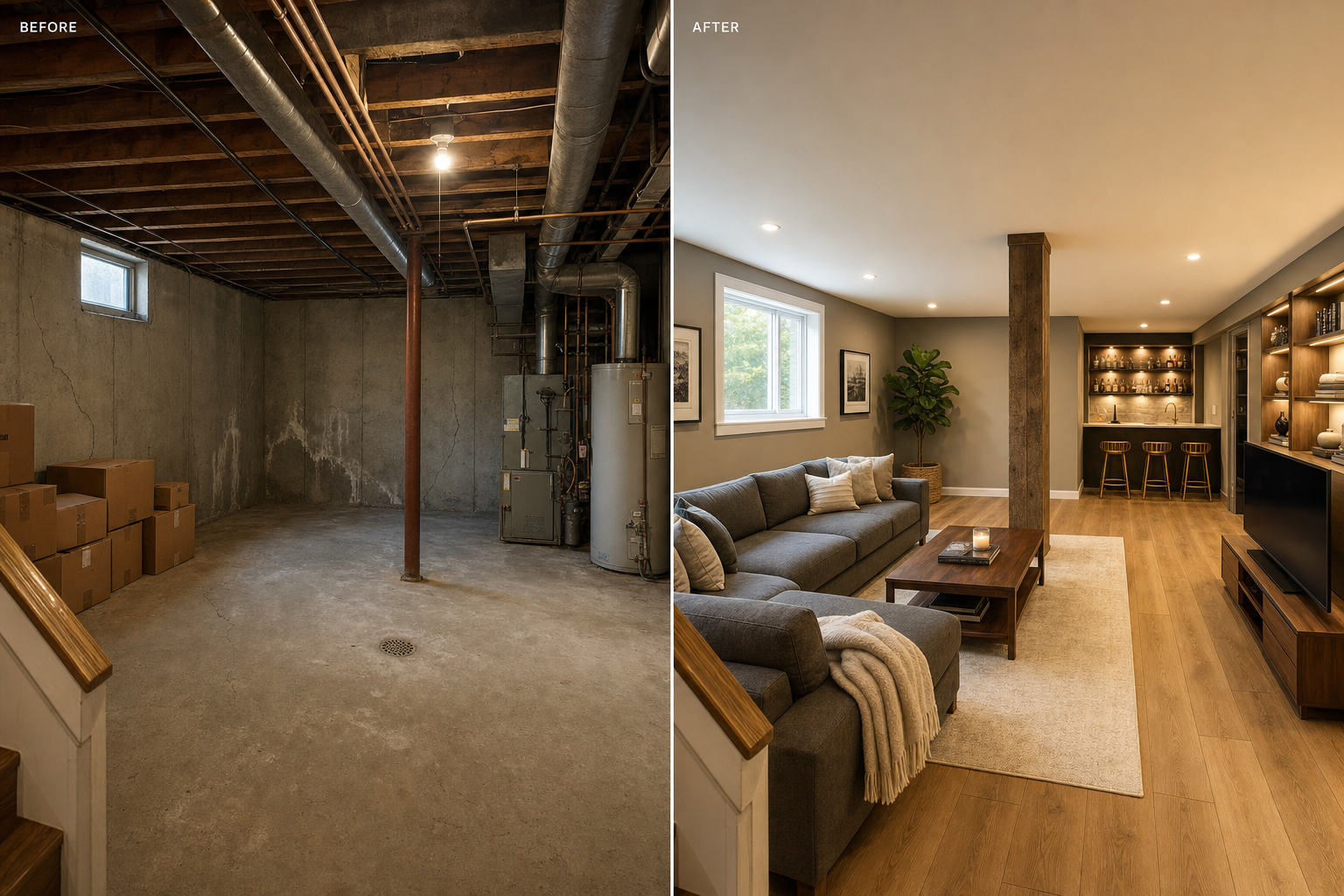 Before and after split-screen of an unfinished basement transformed into a finished family room