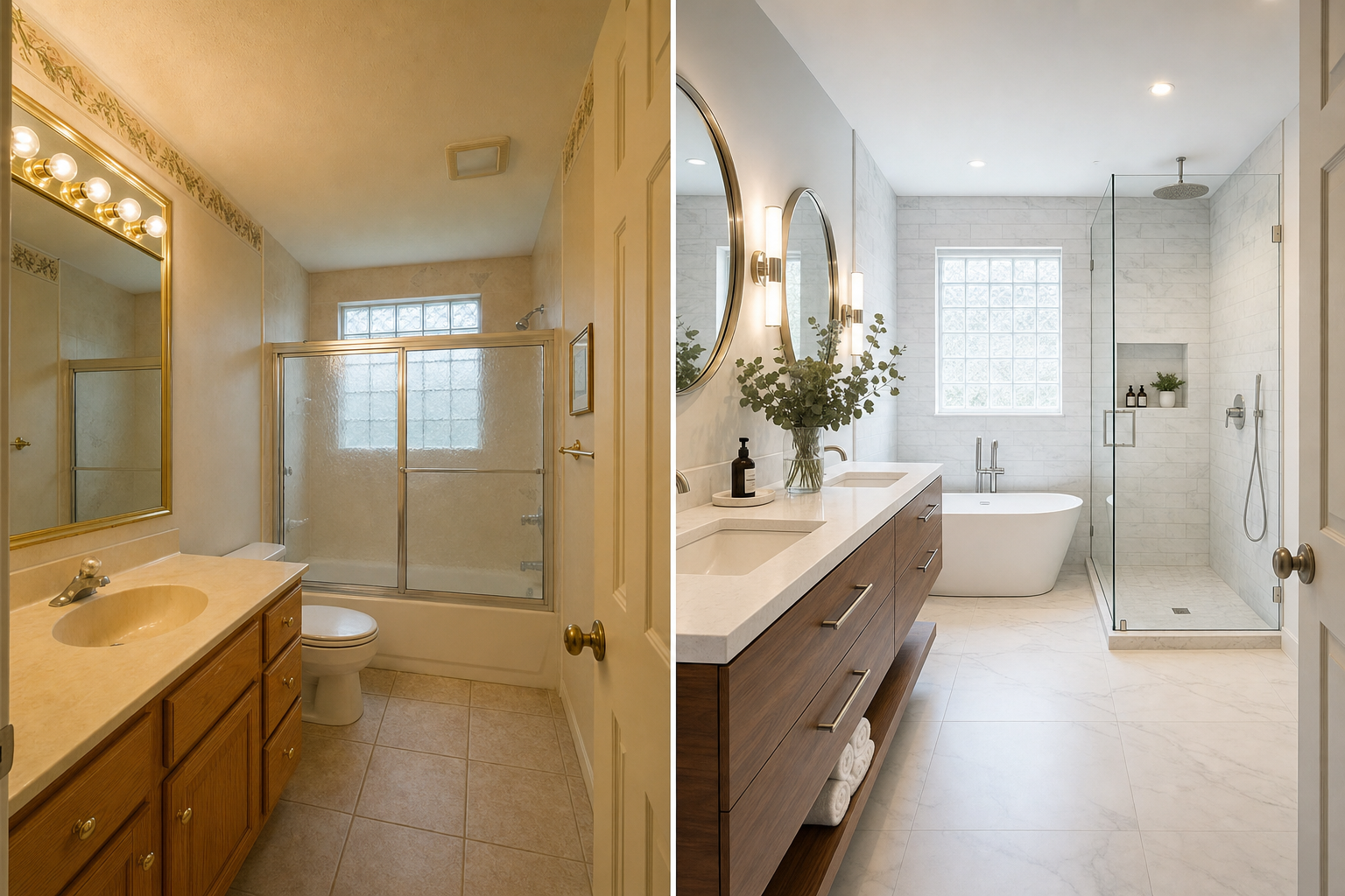 Before and after split-screen of a 1995 builder bathroom transformed into a modern marble bath with walk-in shower