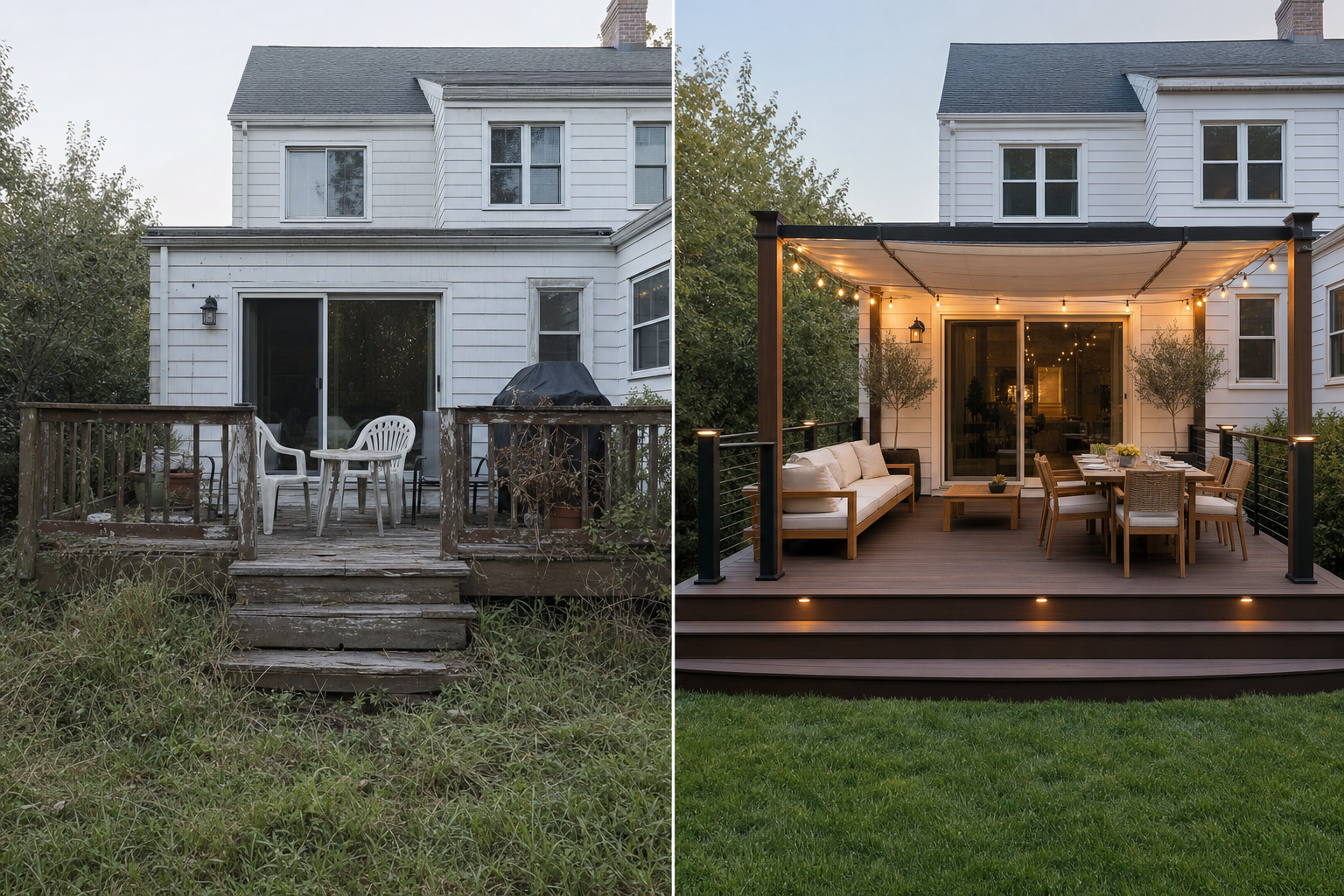 Before and after split-screen of a deteriorated wood deck rebuilt as a Trex composite deck with pergola and string lights