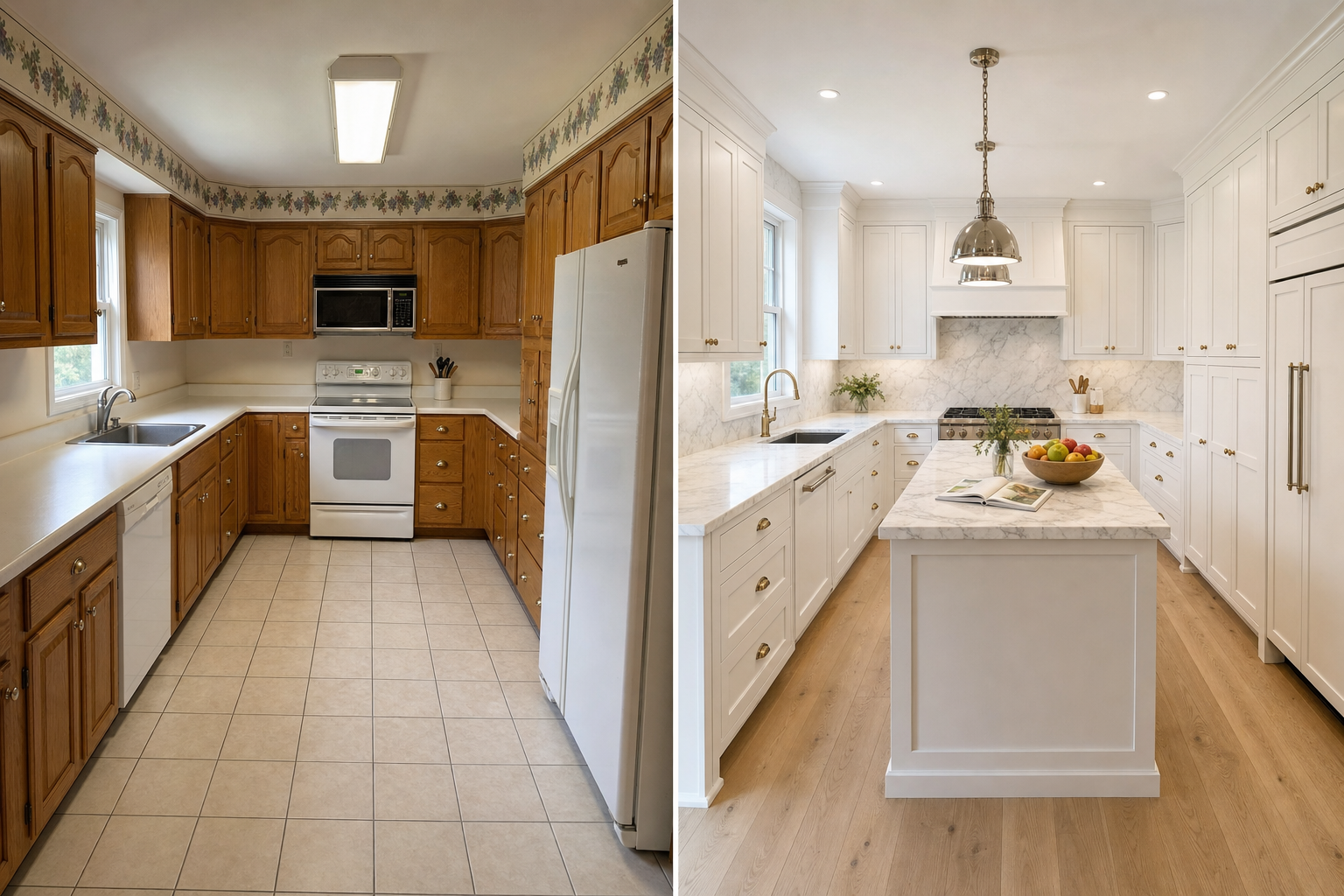 Before and after split-screen of a 1990s honey-oak kitchen transformed into a modern white shaker kitchen with marble counters