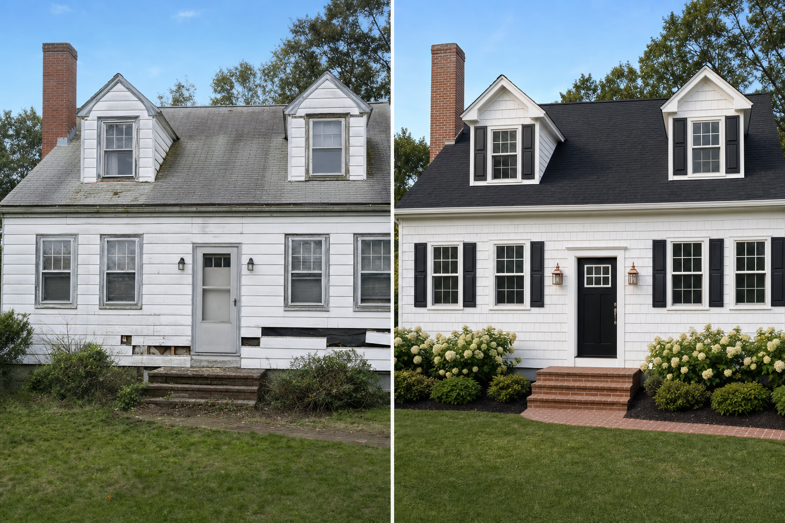 Before and after split-screen of an aluminum-sided cape-cod home re-clad with white James Hardie cedar-shake fiber-cement