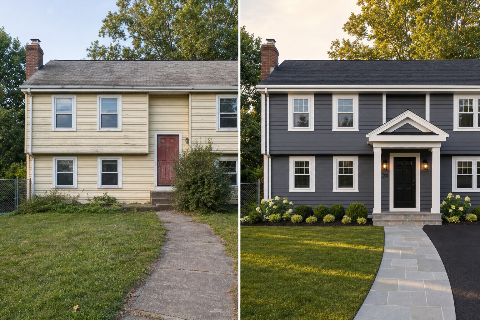 Before and after split-screen of a 1970s split-level home refreshed with new siding, roof, and porch