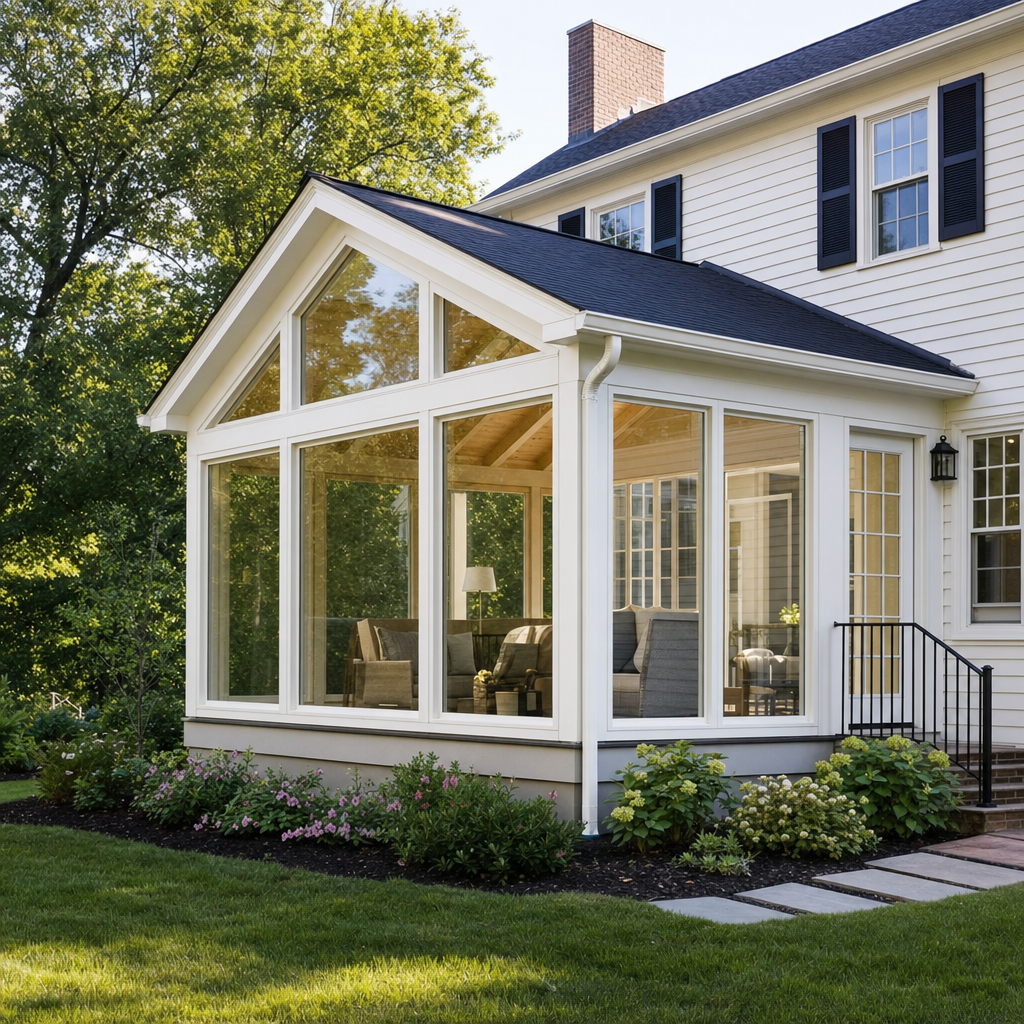New three-season sunroom addition on a colonial home