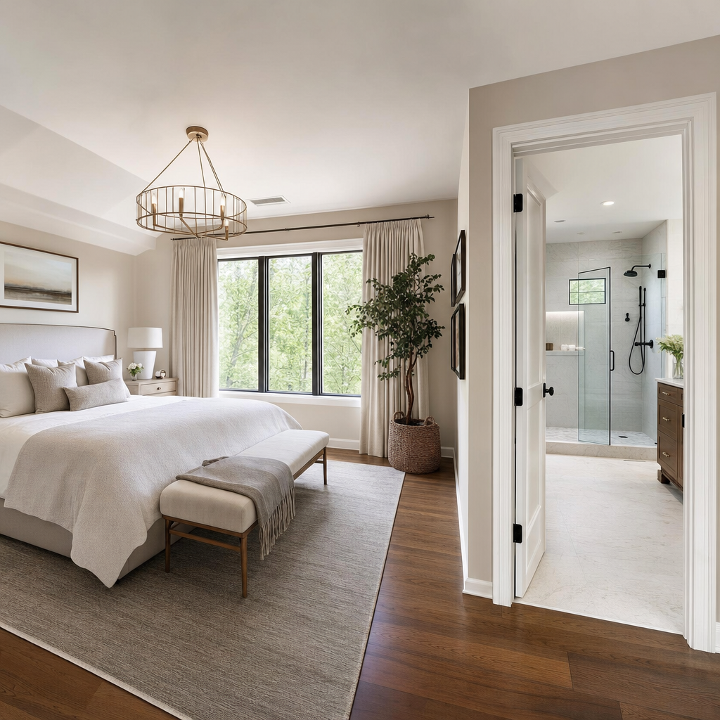 New primary suite addition with king bed and adjoining bathroom