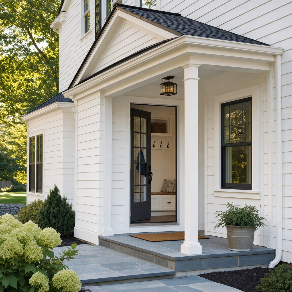 New mudroom and front entry addition with covered porch
