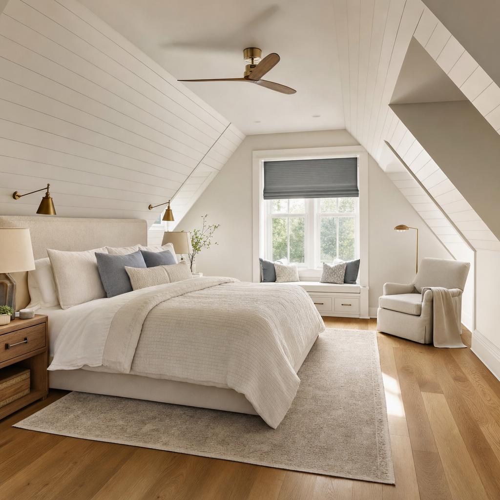 Finished attic primary bedroom suite with sloped ceilings and dormer windows