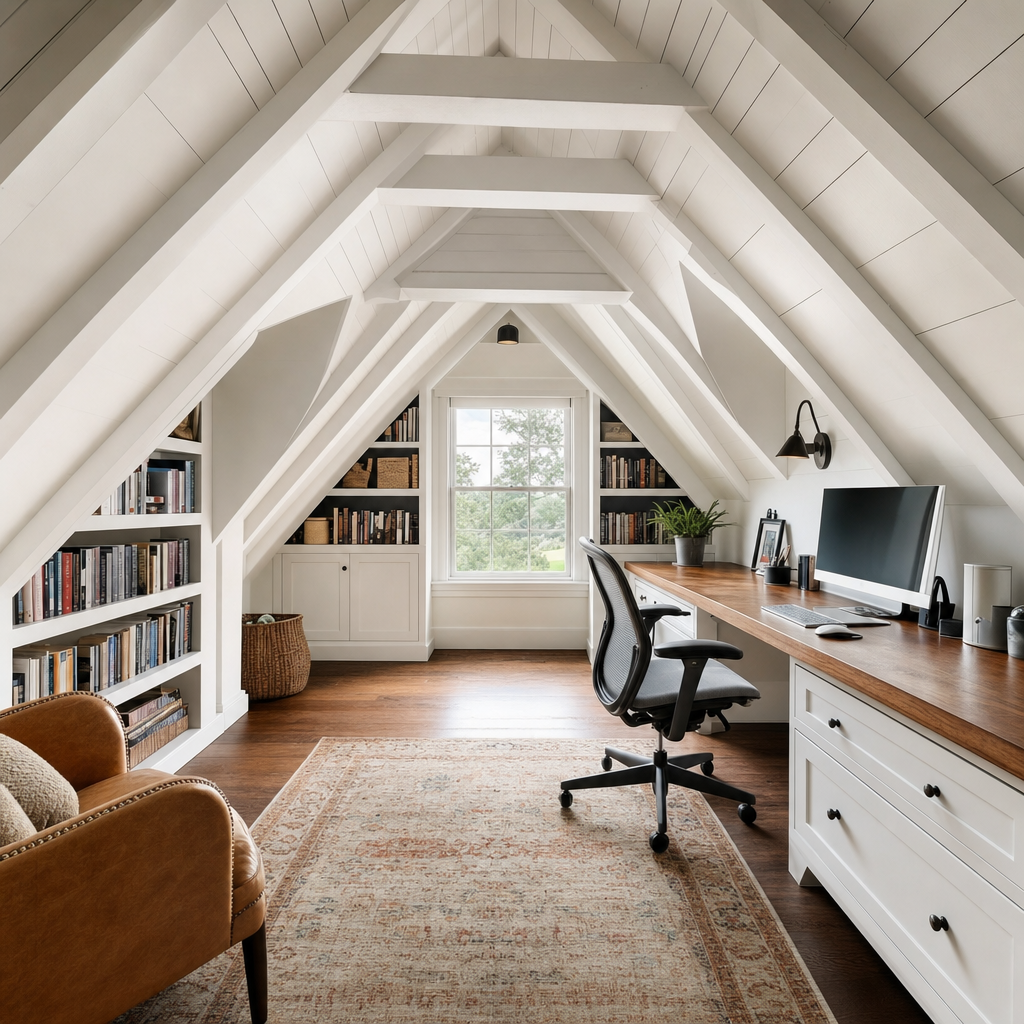 Finished attic home office with built-in desk and dormer light
