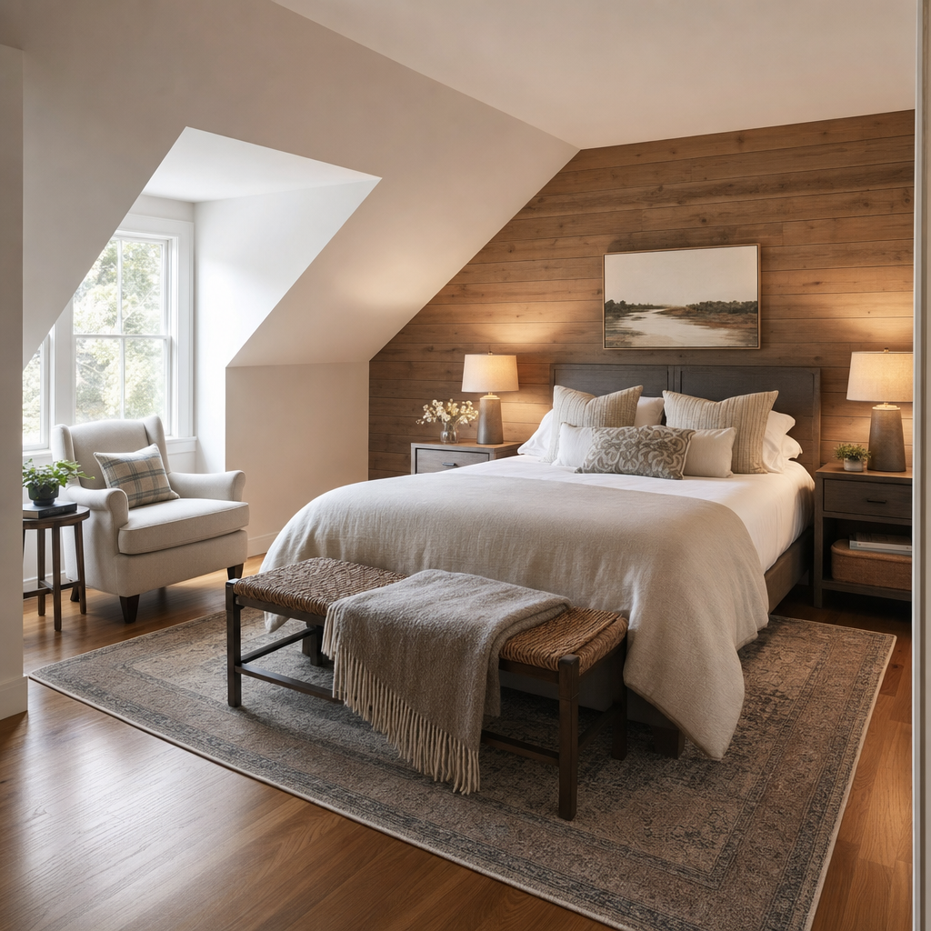 Finished attic guest bedroom with wood-paneled feature wall