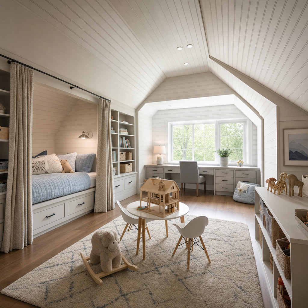 Finished attic kids playroom with built-in bed nook and desk