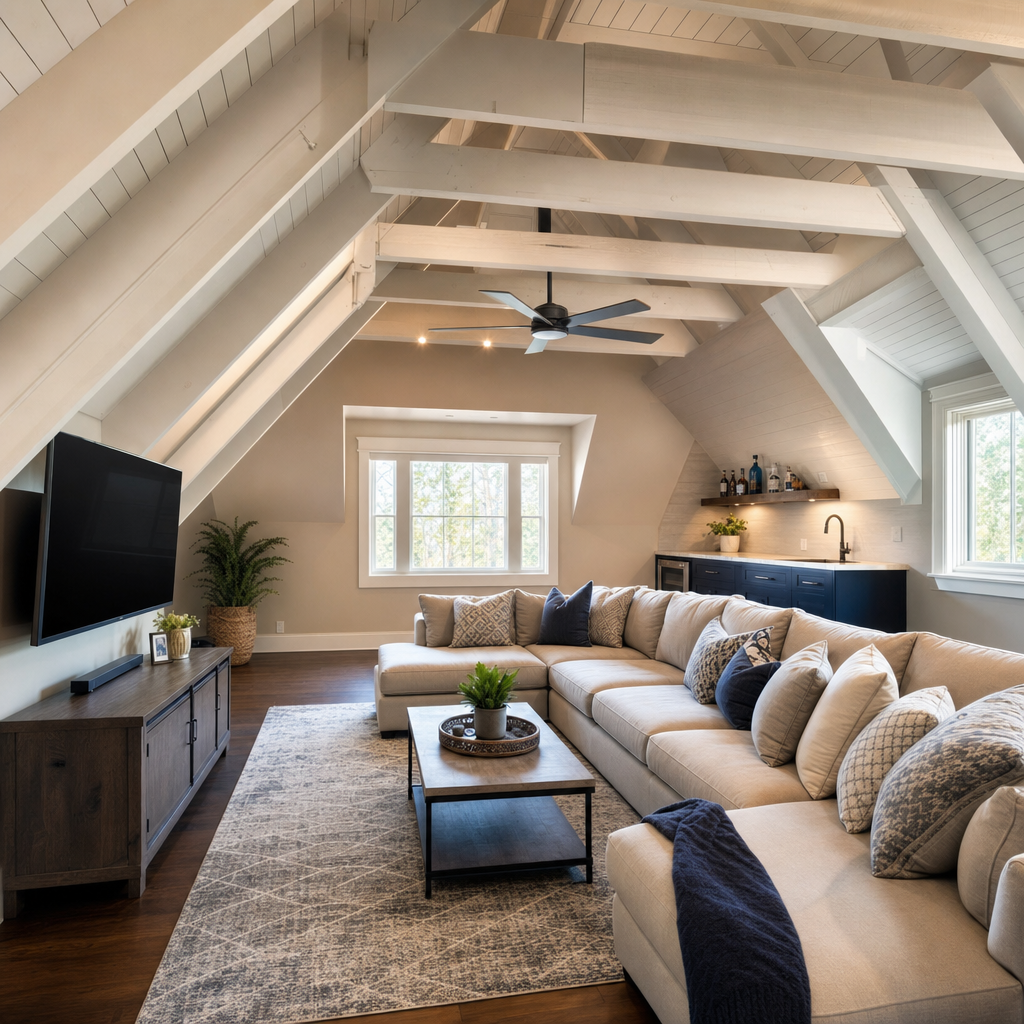 Finished attic flex space with exposed trusses and wet bar