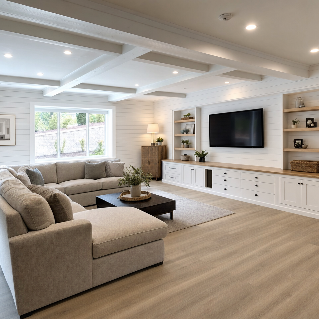Finished basement family room with LVP floors and shiplap walls