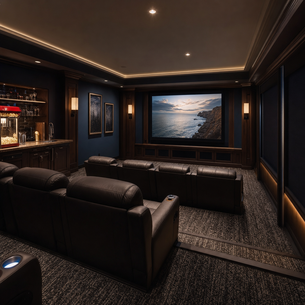 Finished basement home theater with tiered seating and bar