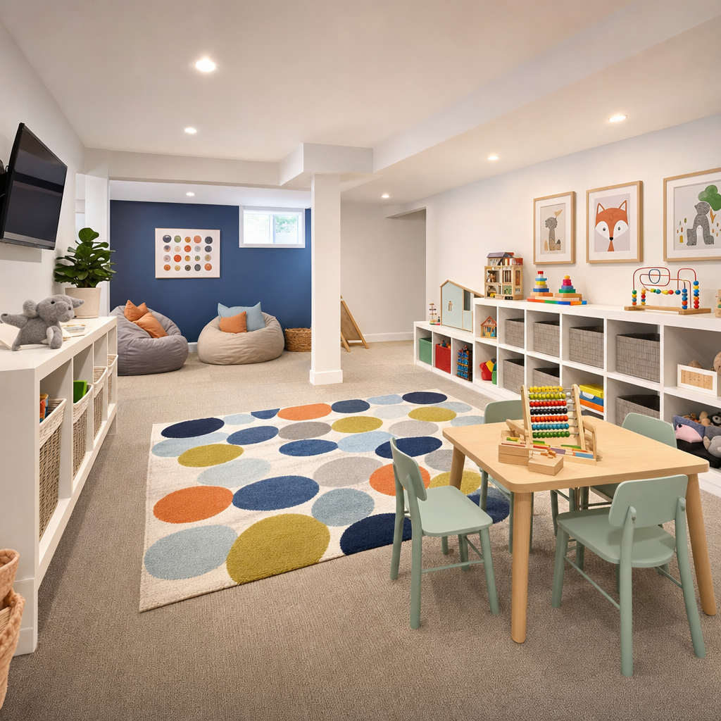 Finished basement playroom with carpet tiles and built-in storage