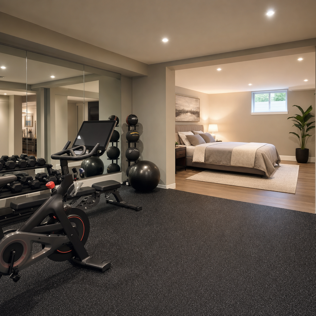Finished basement home gym with rubber sport flooring and adjacent guest suite