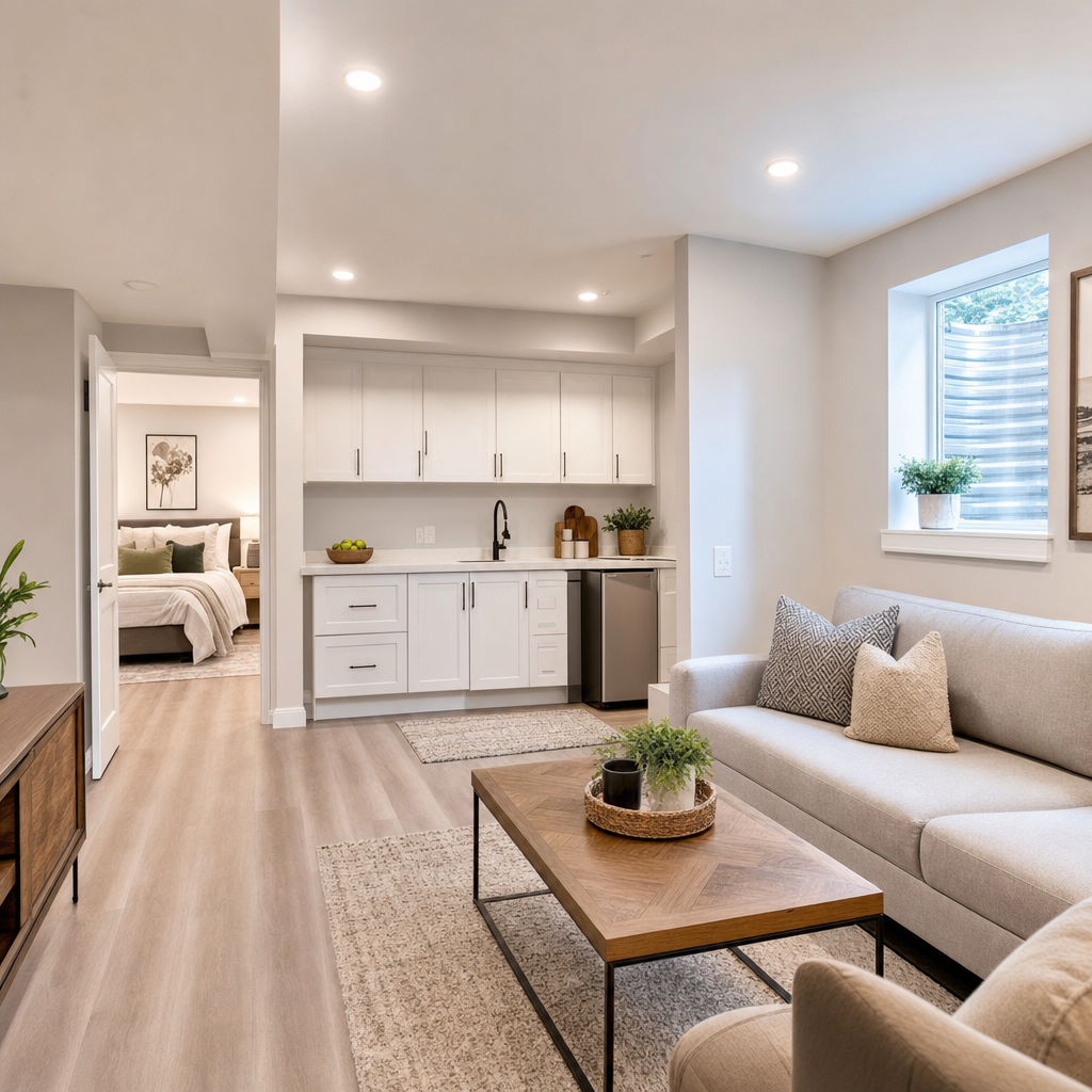 Finished basement in-law suite with full kitchenette and bedroom