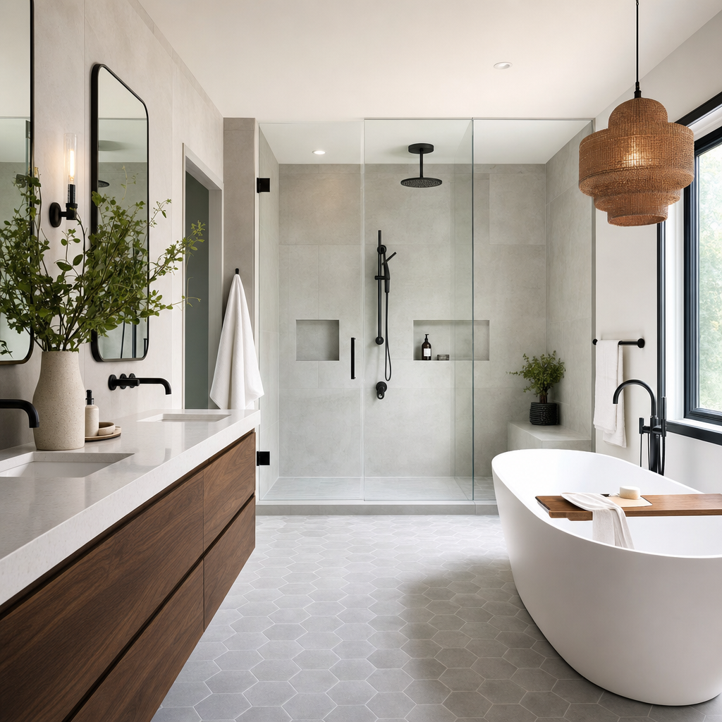 Spa-like primary bathroom with frameless glass walk-in shower and floating walnut vanity
