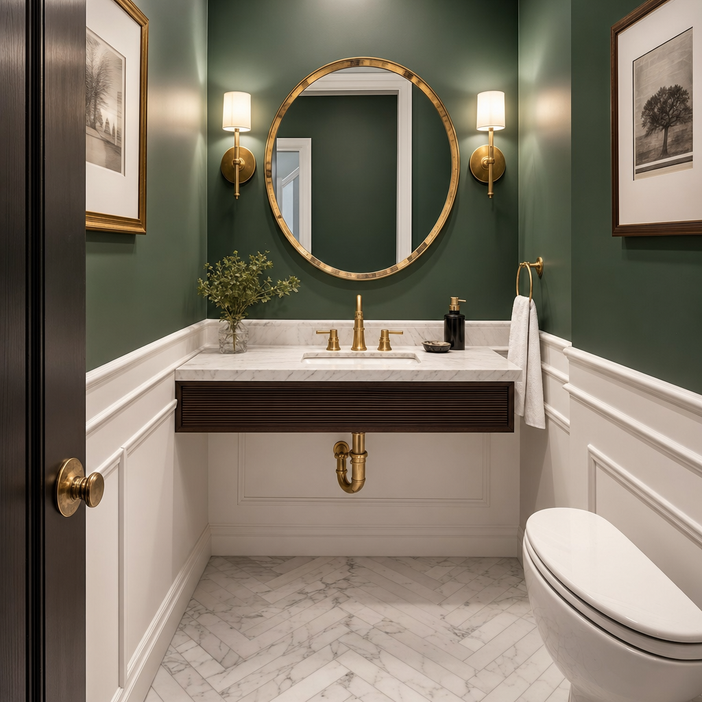 Dark green powder room with brass round mirror and marble floor