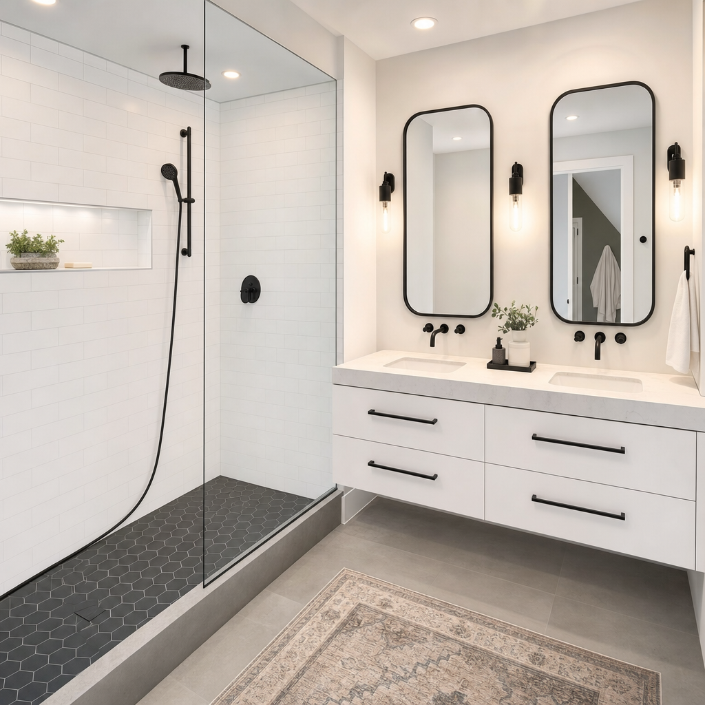 Primary bathroom with tub-to-shower conversion and white subway tile