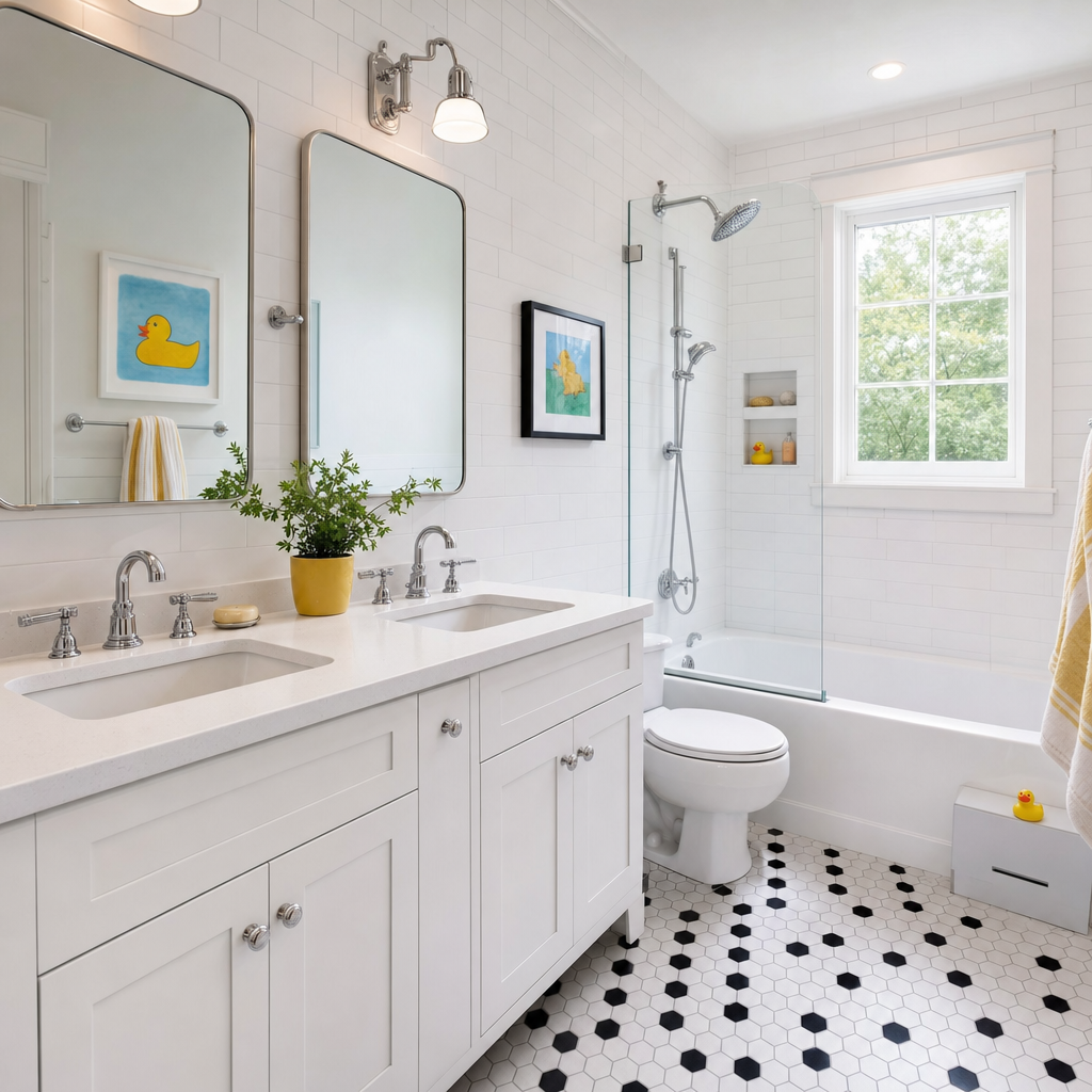 Kids bathroom with white subway tile and hexagonal black-and-white floor