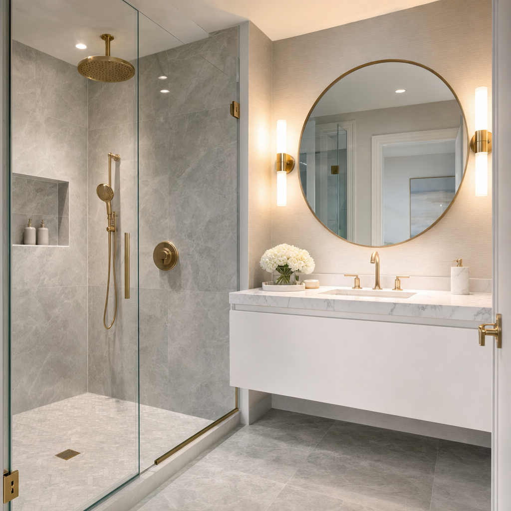 Luxurious guest bathroom with marble tile and gold rainfall fixtures