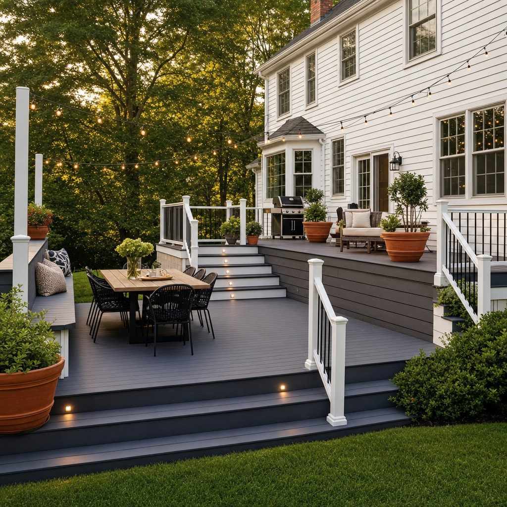 Multi-level composite deck on a Massachusetts colonial with white vinyl railings