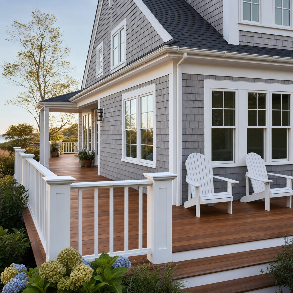 Wraparound cedar deck on a Cape Cod home