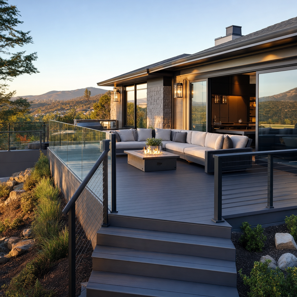Modern deck with cable rail and glass panel on a contemporary ranch