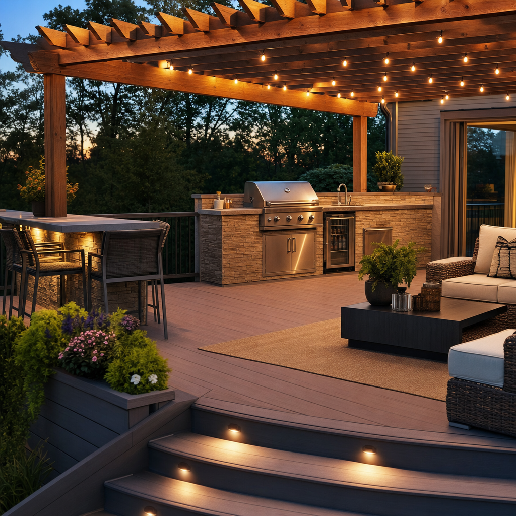Composite deck with built-in outdoor kitchen and cedar pergola