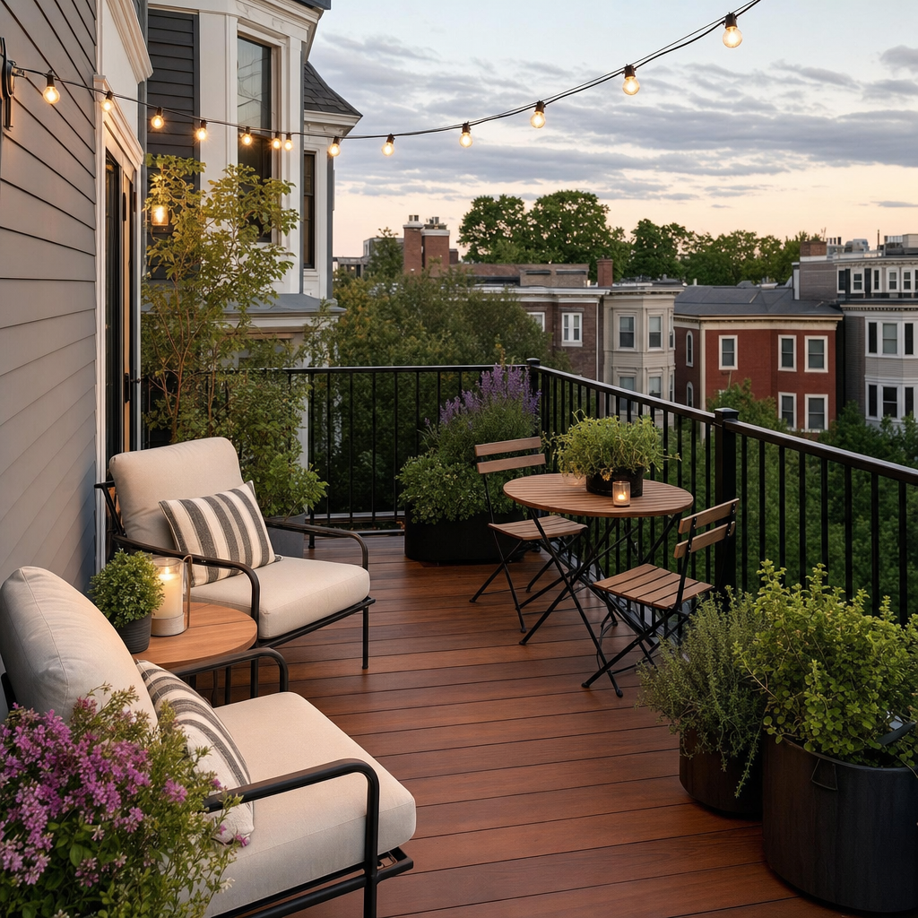 Compact urban Ipe hardwood deck with sleek black metal railing