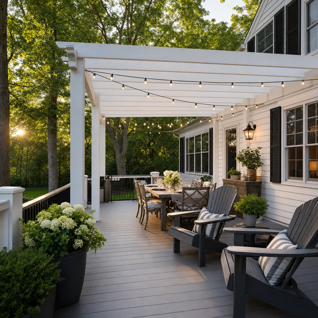 Farmhouse deck with white pergola and string lights